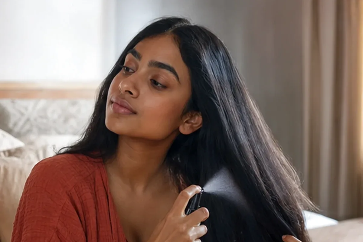 Authentischer Wohlfühlmoment passend zum Beauty-Thema Anti-Frizz-Pflege für trockenes Haar