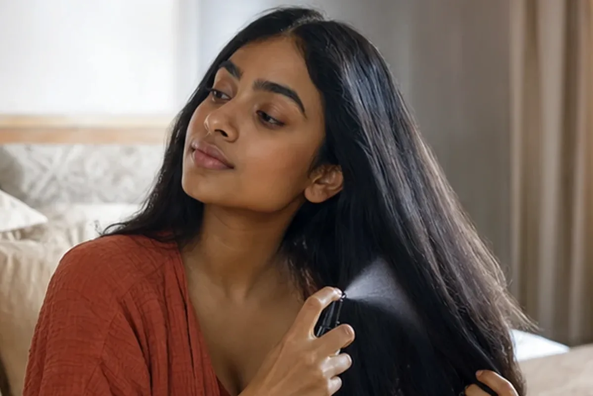 Authentischer Wohlfühlmoment passend zum Beauty-Thema Hitzeschutz für die Haare