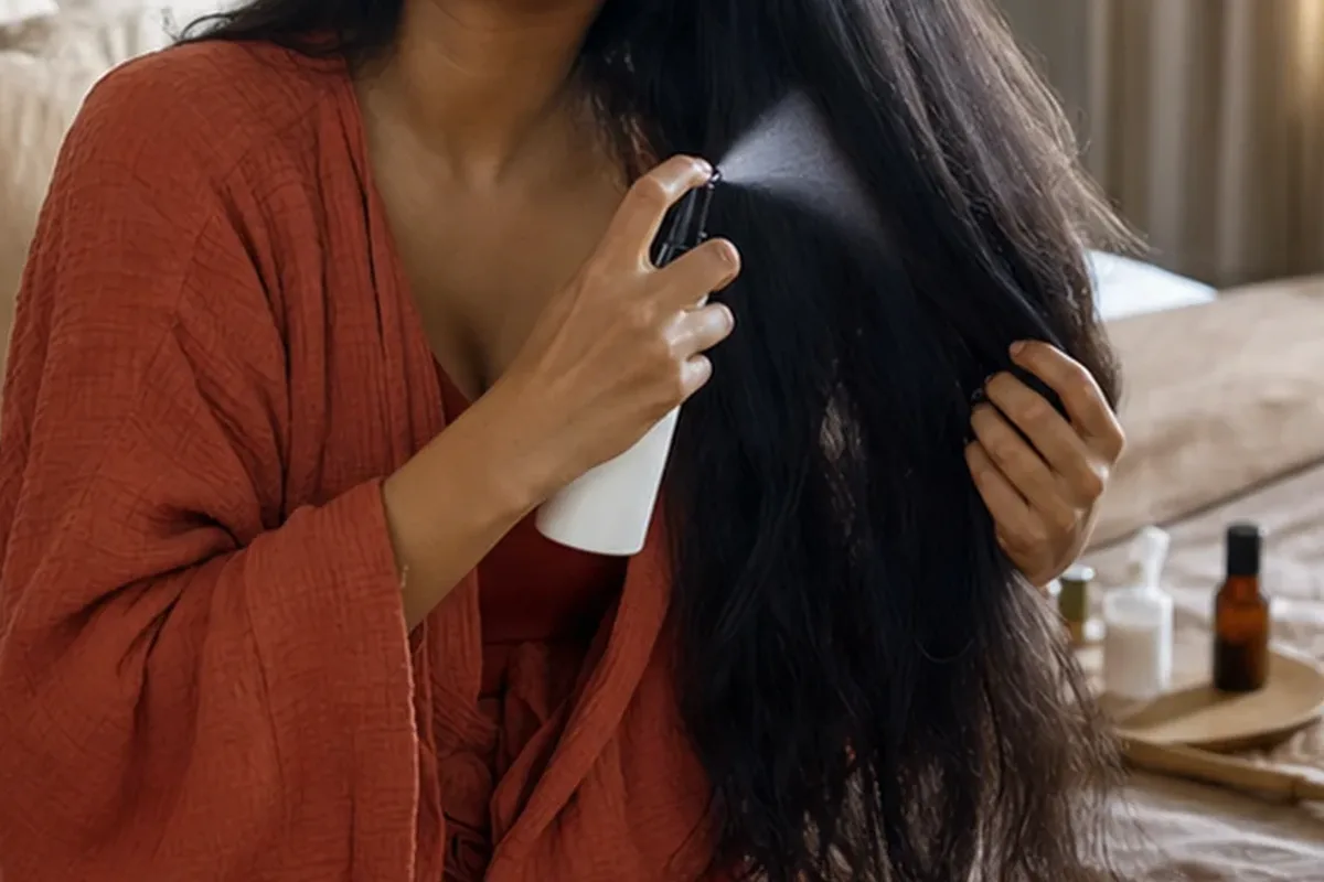 Authentischer Wohlfühlmoment passend zum Beauty-Thema Volumenspray für strapaziertes Haar