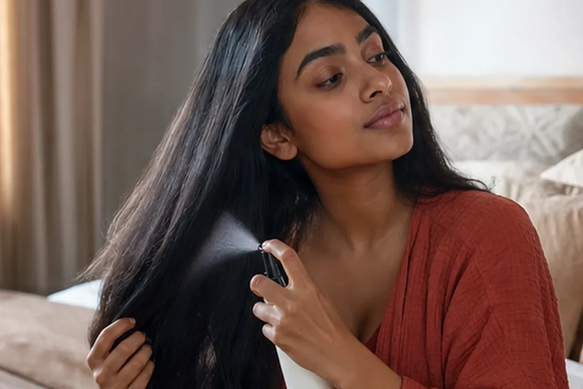Authentischer Wohlfühlmoment passend zum Beauty-Thema Volumenspray bei Haarbruch