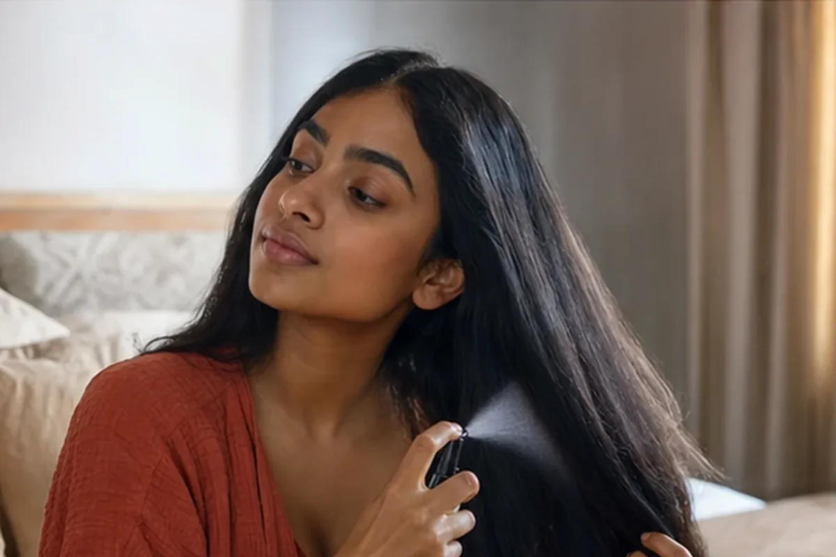 Authentischer Wohlfühlmoment passend zum Beauty-Thema Volumenspray bei Frizz
