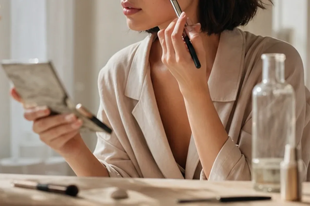 Emotionaler und authentischer Anwendungsmoment rund um Make-up-Pinsel für trockene Haut