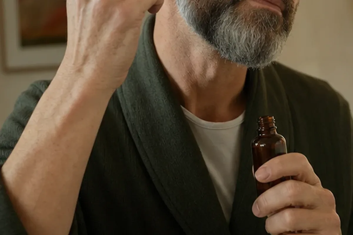 Emotionaler und authentischer Anwendungsmoment rund um After Shave für einen dichten Bart