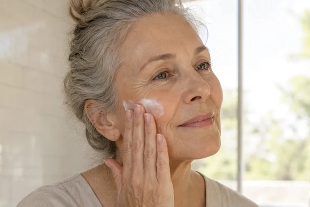 Authentischer Wohlfühlmoment passend zum Beauty-Thema Retinol-Serum bei ersten Fältchen
