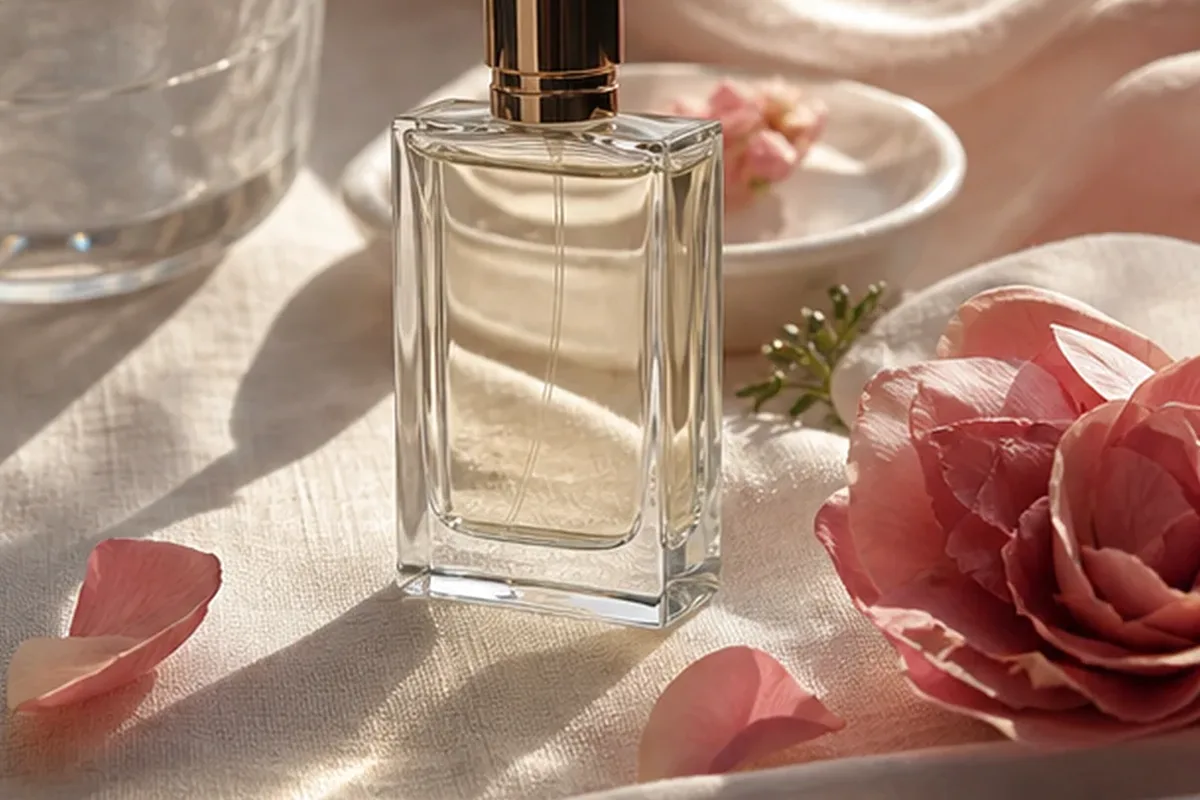 Hochwertige Beauty-Inszenierung zu Auswahlkriterien für Rosenduft bei kleinem Budget