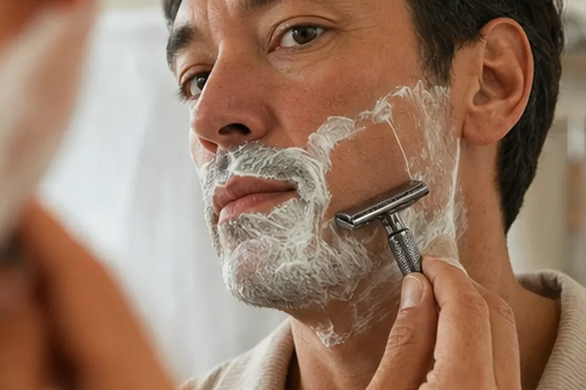 Authentischer Wohlfühlmoment passend zum Beauty-Thema Nassrasierer für empfindliche Haut