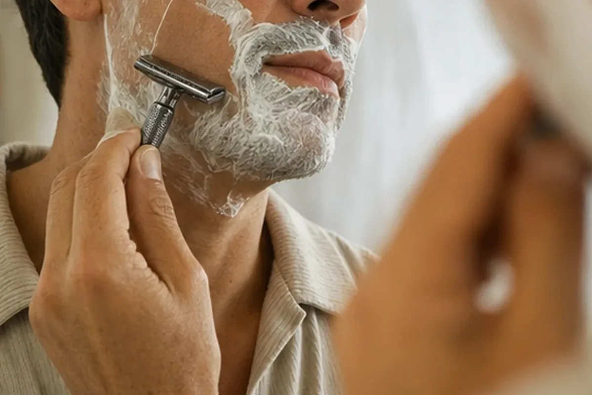 Authentischer Wohlfühlmoment passend zum Beauty-Thema Rasierschaum bei Rasurbrand