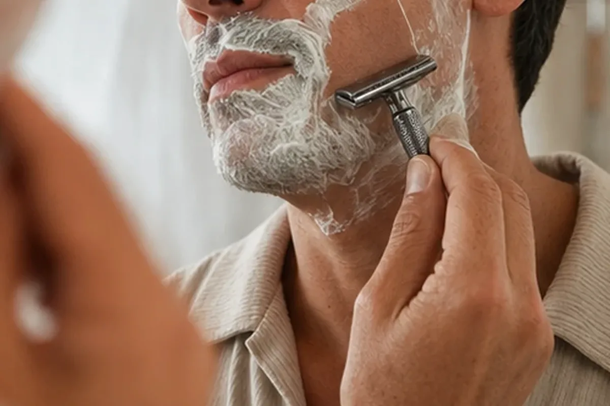 Authentischer Wohlfühlmoment passend zum Beauty-Thema Rasierschaum für fettige Haut