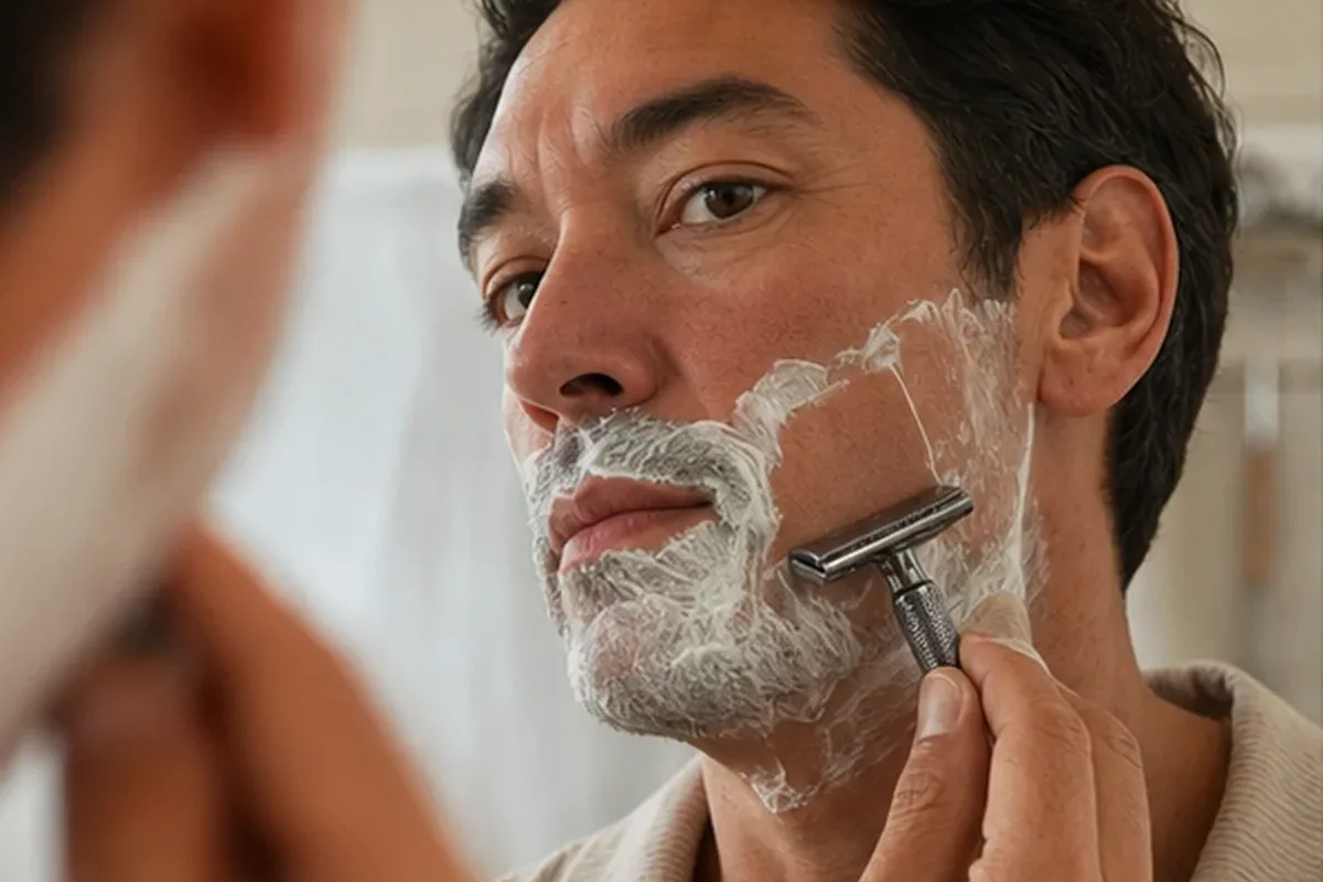 Redaktionelle Detailaufnahme zur Orientierung bei Peeling vor der Rasur bei Rasurbrand