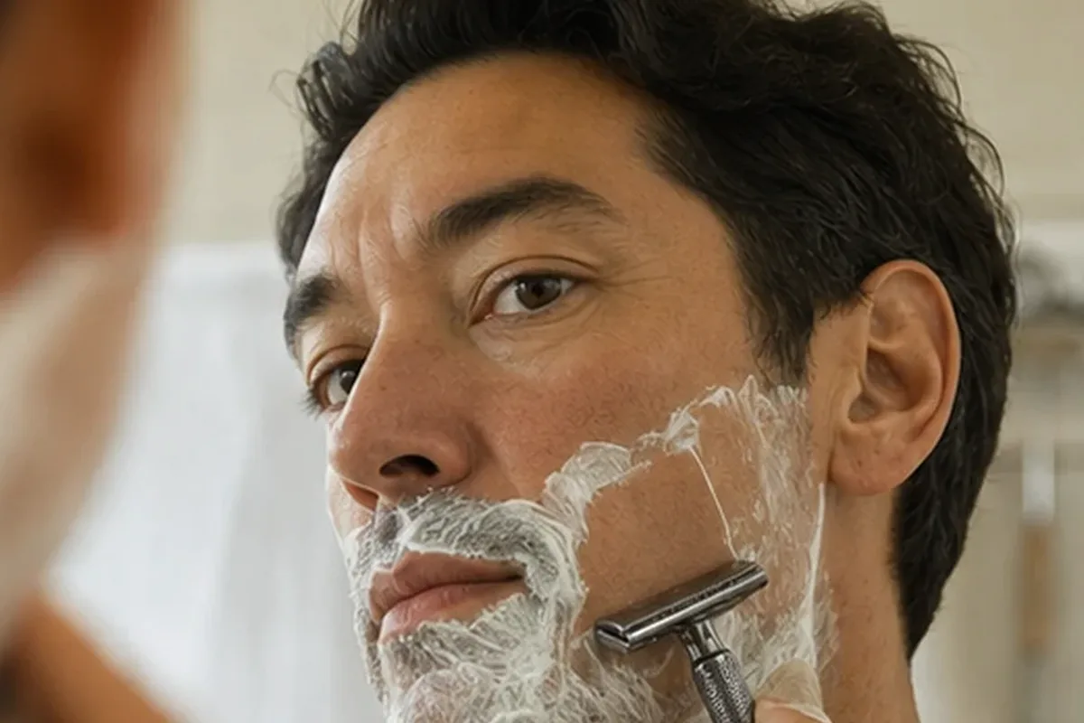 Redaktioneller Beauty-Moment zur Ausgangslage bei Peeling vor der Rasur für dunkle Haare