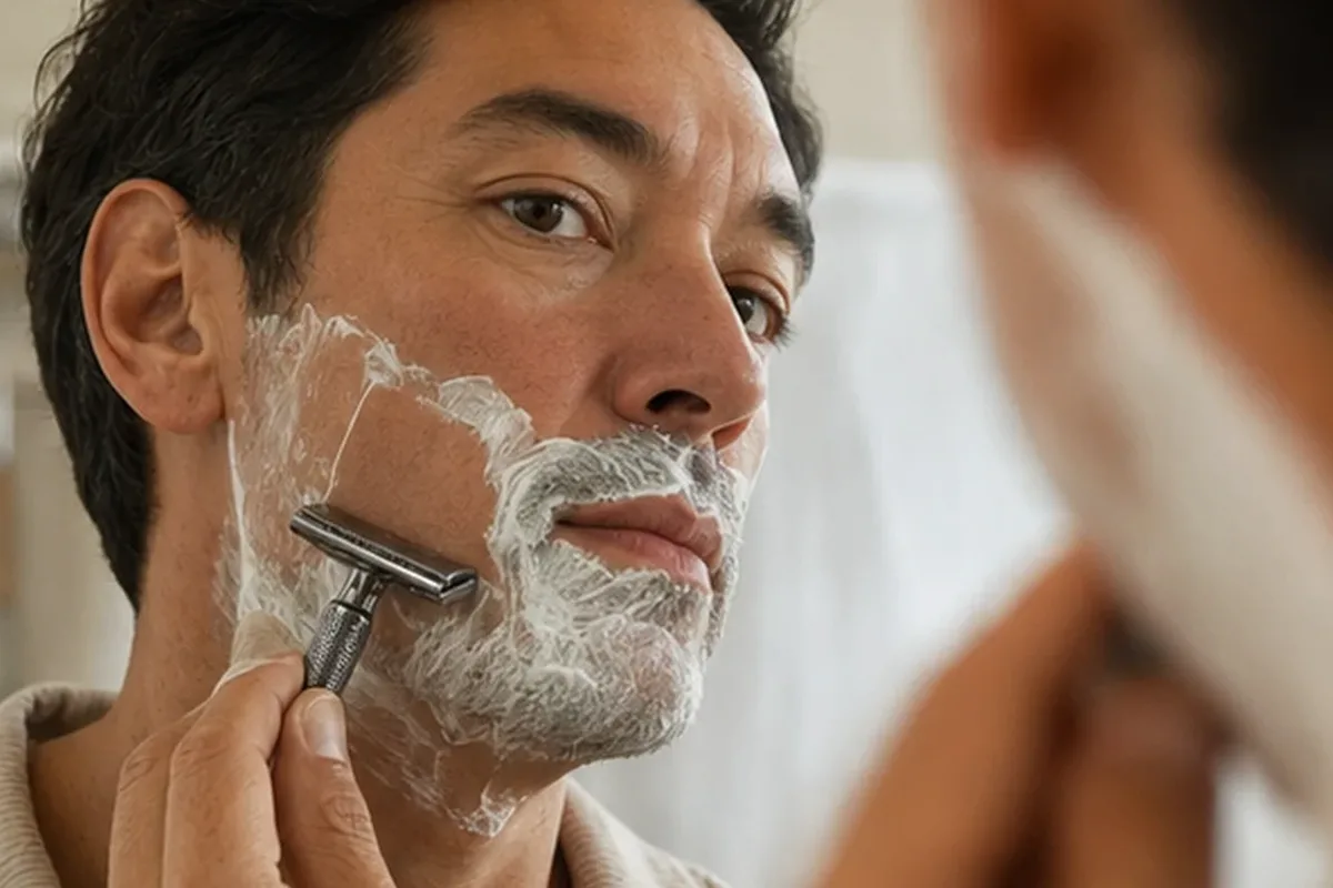 Authentischer Wohlfühlmoment passend zum Beauty-Thema Gesichtsrasierer für langanhaltende Glätte