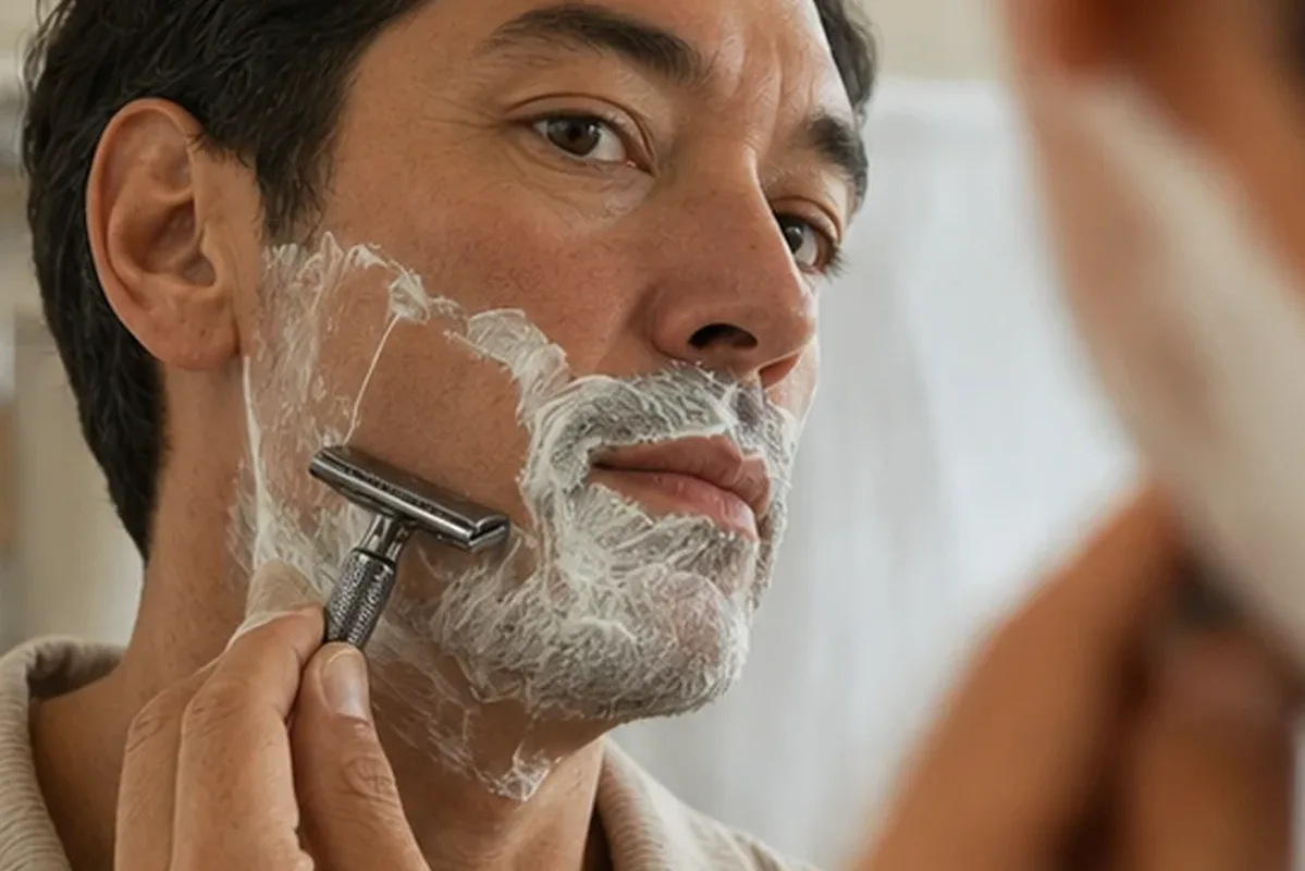 Authentischer Wohlfühlmoment passend zum Beauty-Thema Gesichtsrasierer bei Rasurbrand