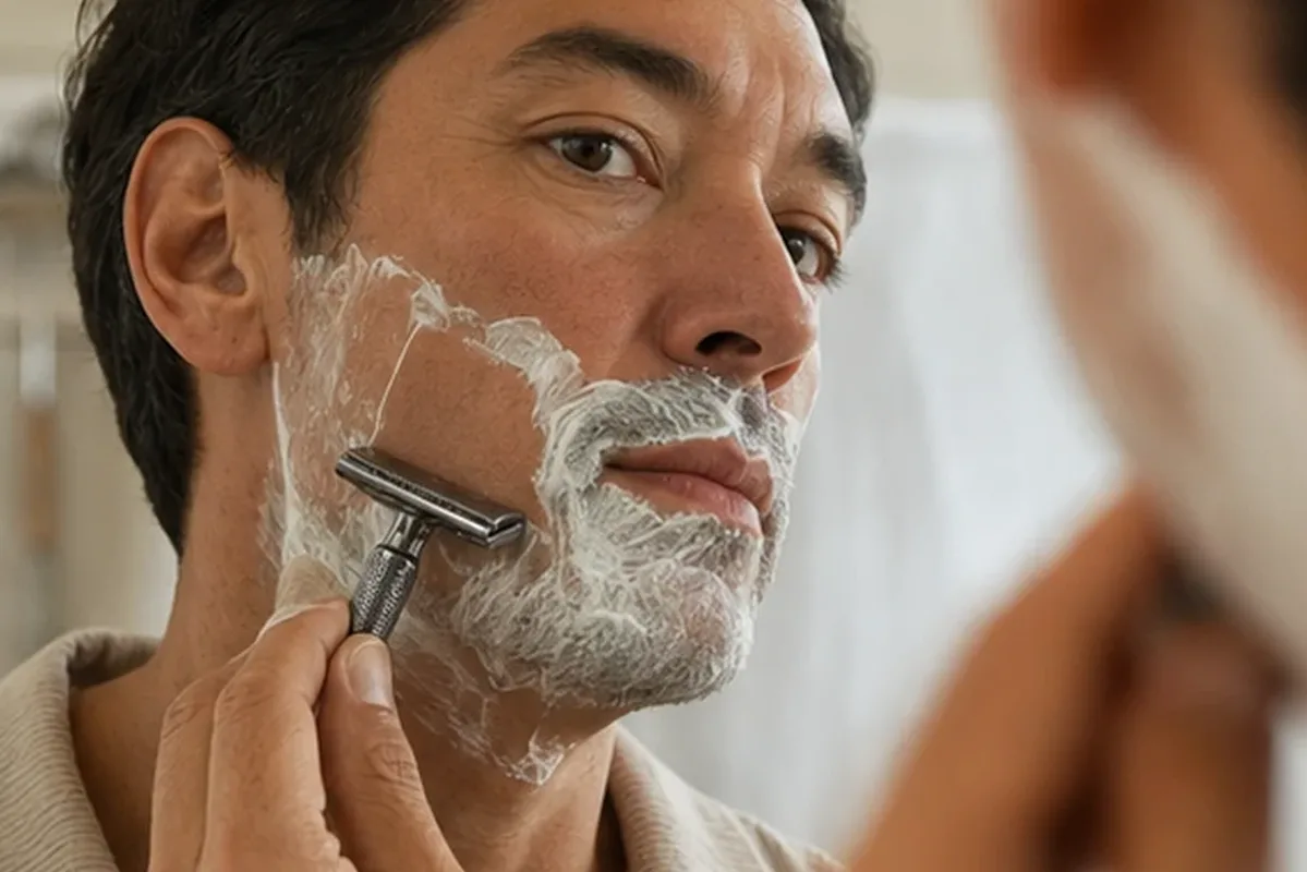 Emotionaler und authentischer Anwendungsmoment rund um Peeling vor der Rasur für langanhaltende Glätte