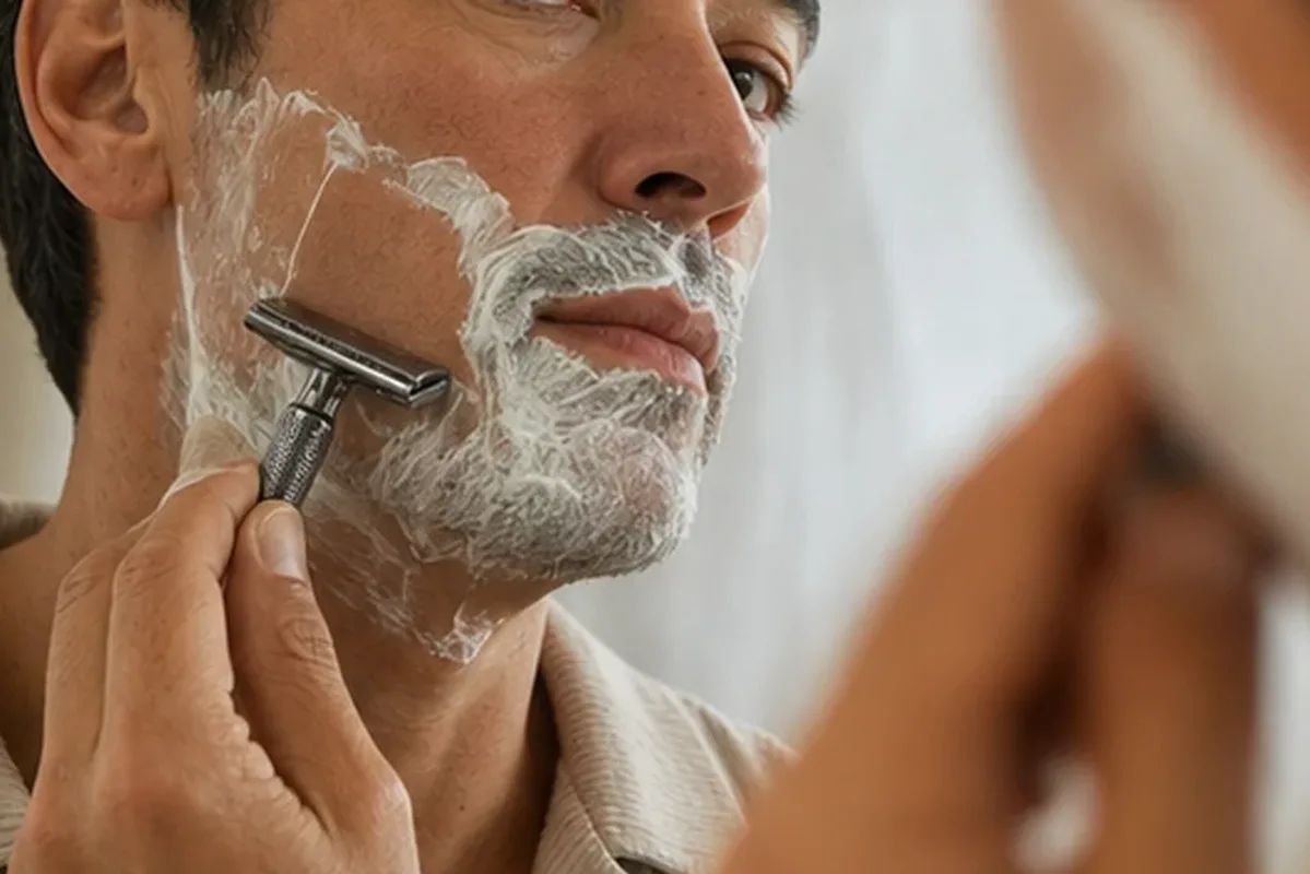 Emotionaler und authentischer Anwendungsmoment rund um Augenbrauen-Trimmer bei Rasurbrand