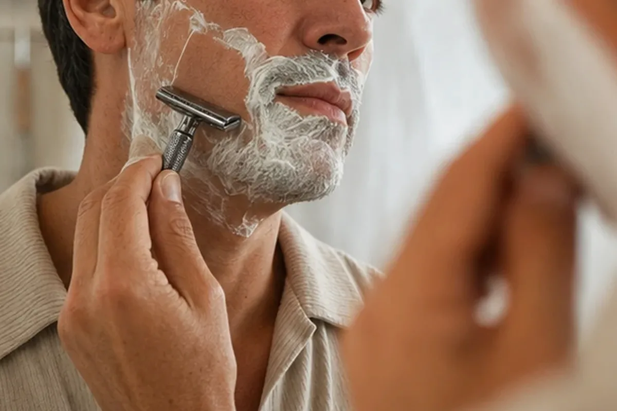 Authentischer Wohlfühlmoment passend zum Beauty-Thema Elektrorasierer für dunkle Haare