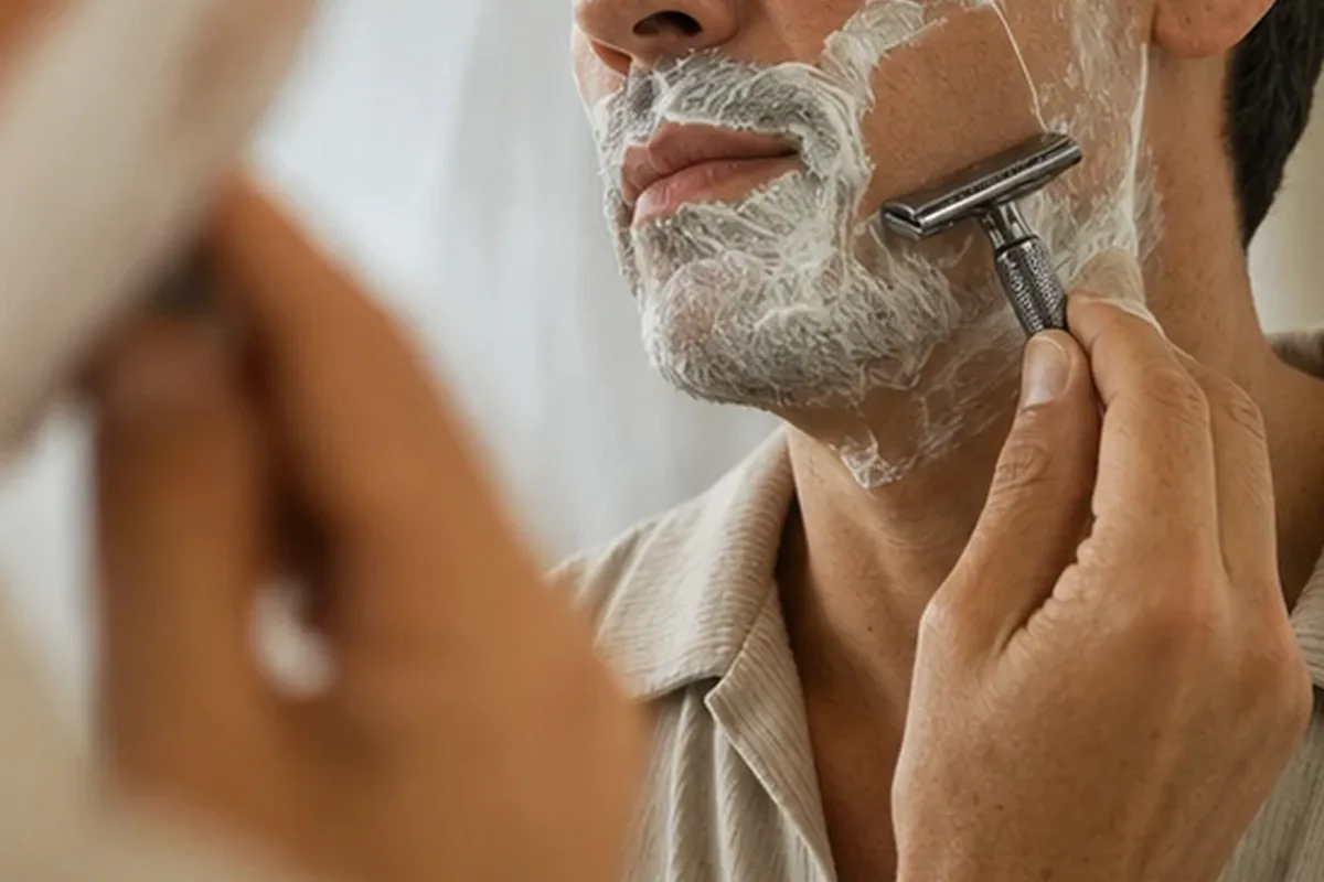 Authentischer Wohlfühlmoment passend zum Beauty-Thema Peeling vor der Rasur für empfindliche Haut