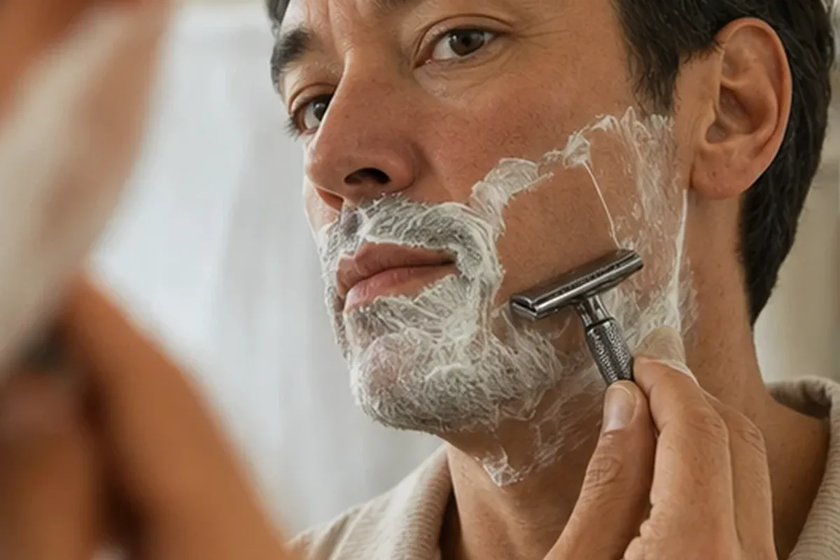 Authentischer Wohlfühlmoment passend zum Beauty-Thema Nassrasierer für eine schnelle Anwendung