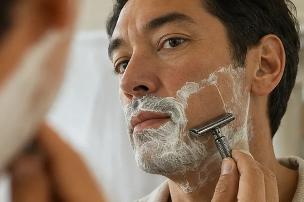 Authentischer Wohlfühlmoment passend zum Beauty-Thema Nassrasierer für langanhaltende Glätte