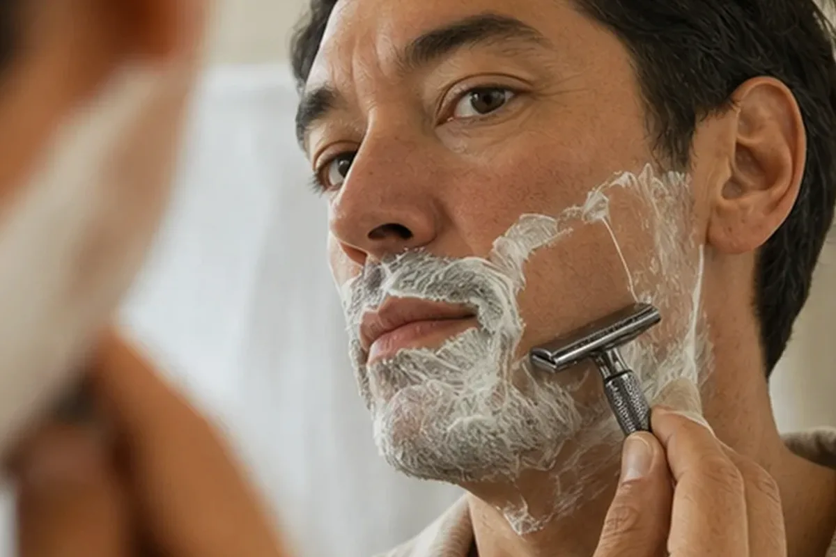 Authentischer Wohlfühlmoment passend zum Beauty-Thema Rasierhobel für einen dichten Bart