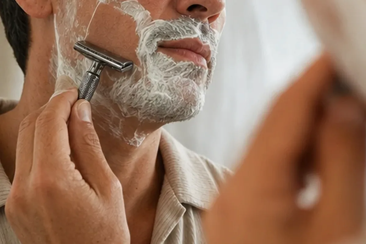 Authentischer Wohlfühlmoment passend zum Beauty-Thema Rasierschaum bei wenig Zeit