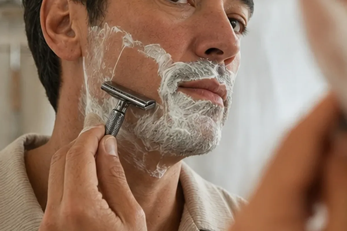 Authentischer Wohlfühlmoment passend zum Beauty-Thema Body-Trimmer für empfindliche Haut