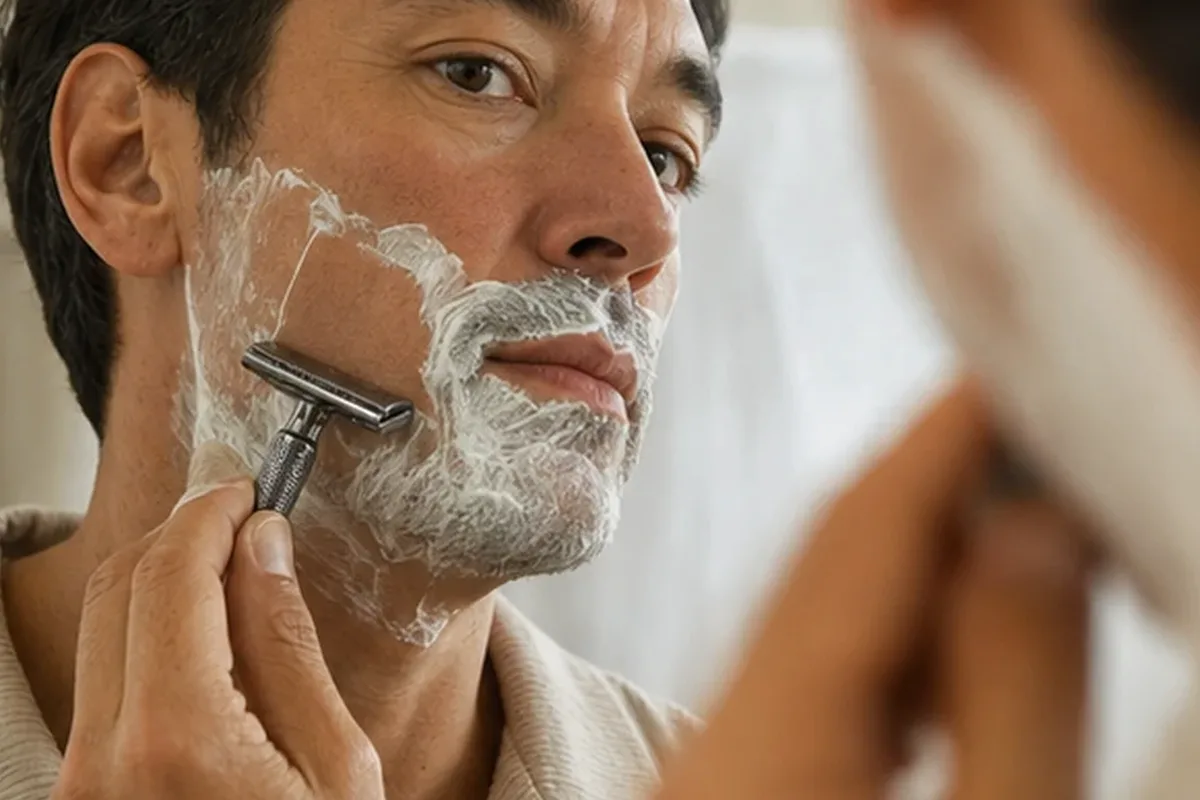 Authentischer Wohlfühlmoment passend zum Beauty-Thema Nassrasierer für feine Haare
