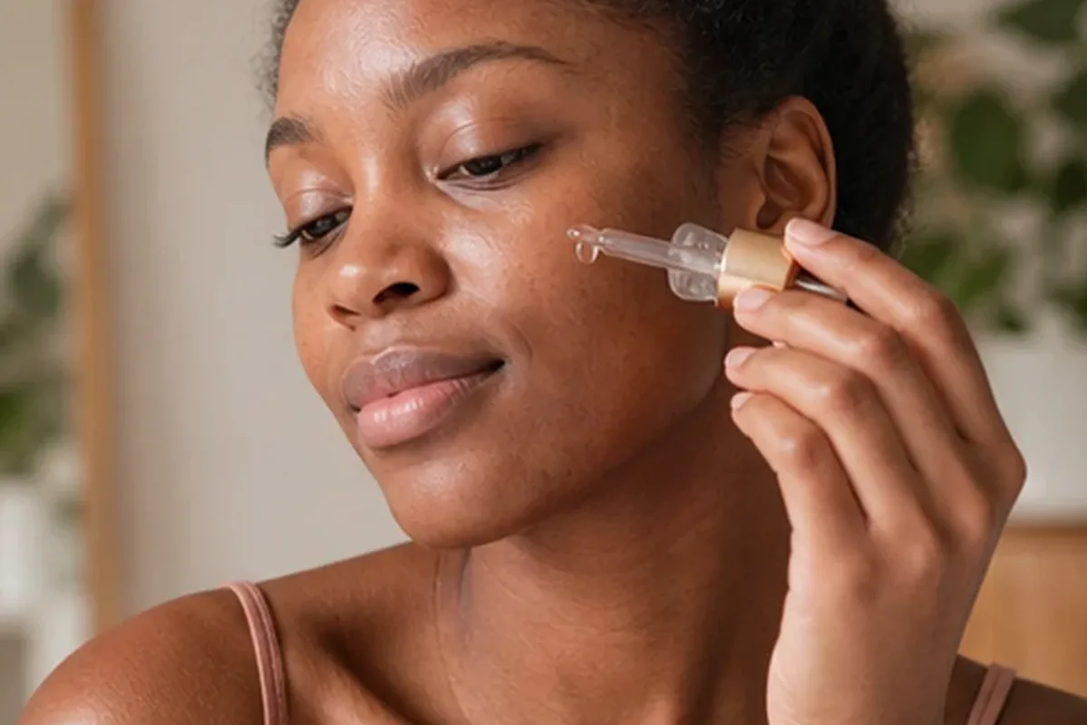 Authentischer Wohlfühlmoment passend zum Beauty-Thema Niacinamid-Serum bei ersten Fältchen