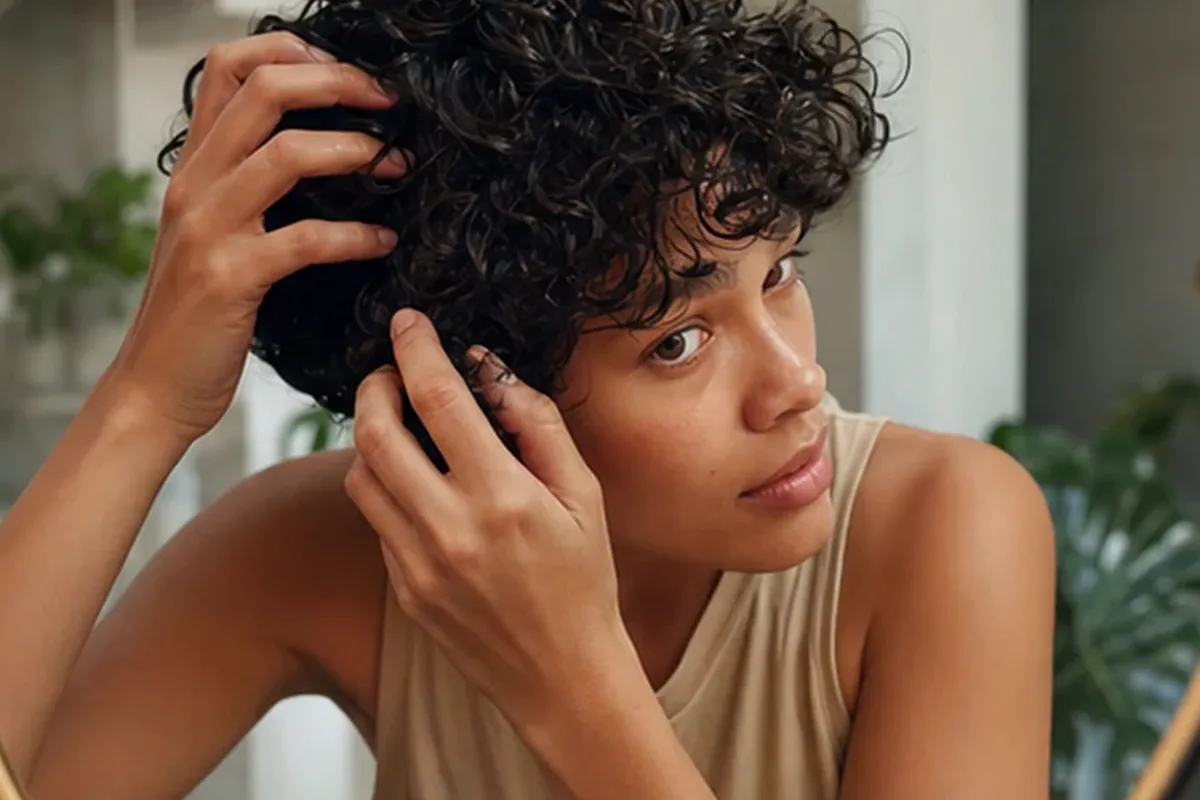 Emotionaler und authentischer Anwendungsmoment rund um Anti-Frizz-Pflege bei fettigem Ansatz