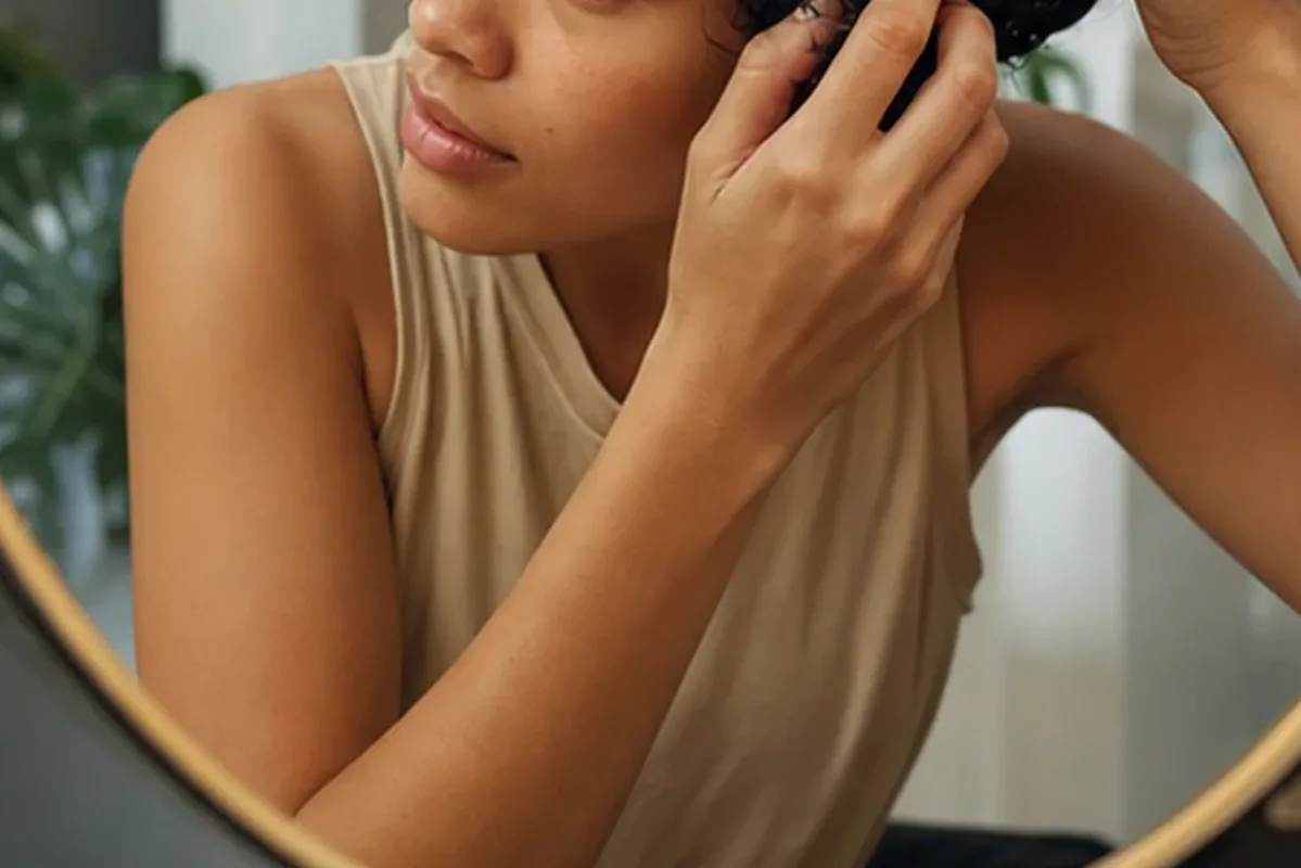 Authentischer Wohlfühlmoment passend zum Beauty-Thema Anti-Frizz-Pflege bei fettigem Ansatz
