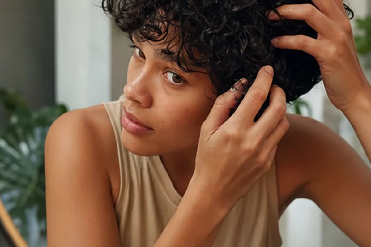 Authentischer Wohlfühlmoment passend zum Beauty-Thema Haarbürste für lockiges Haar