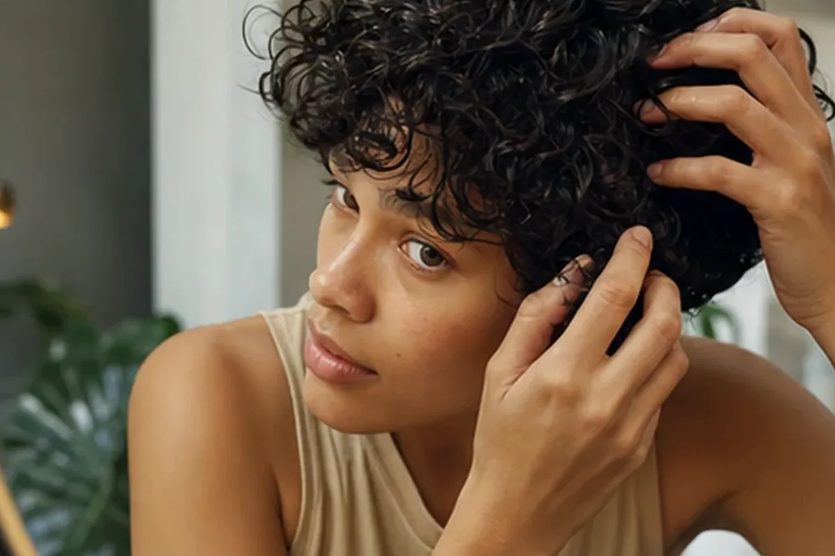Authentischer Wohlfühlmoment passend zum Beauty-Thema Haartrockner für lockiges Haar