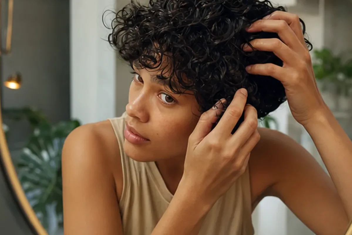 Authentischer Wohlfühlmoment passend zum Beauty-Thema Hitzeschutz für lockiges Haar