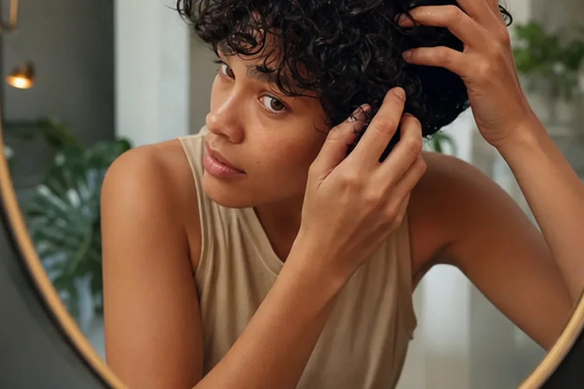 Emotionaler und authentischer Anwendungsmoment rund um Volumenspray für lockiges Haar