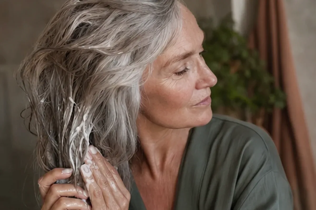Authentischer Wohlfühlmoment passend zum Beauty-Thema Tiefenreinigungsshampoo für trockenes Haar