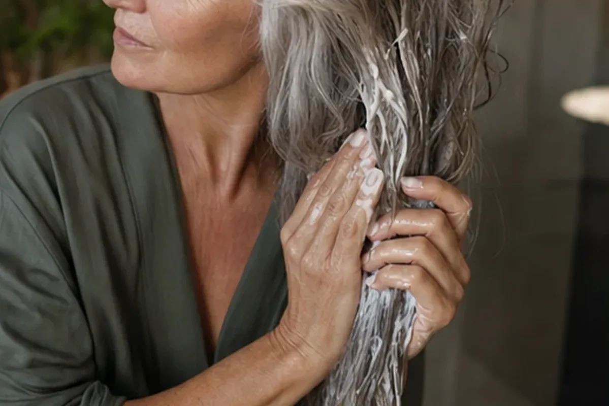 Authentischer Wohlfühlmoment passend zum Beauty-Thema Tiefenreinigungsshampoo bei Frizz