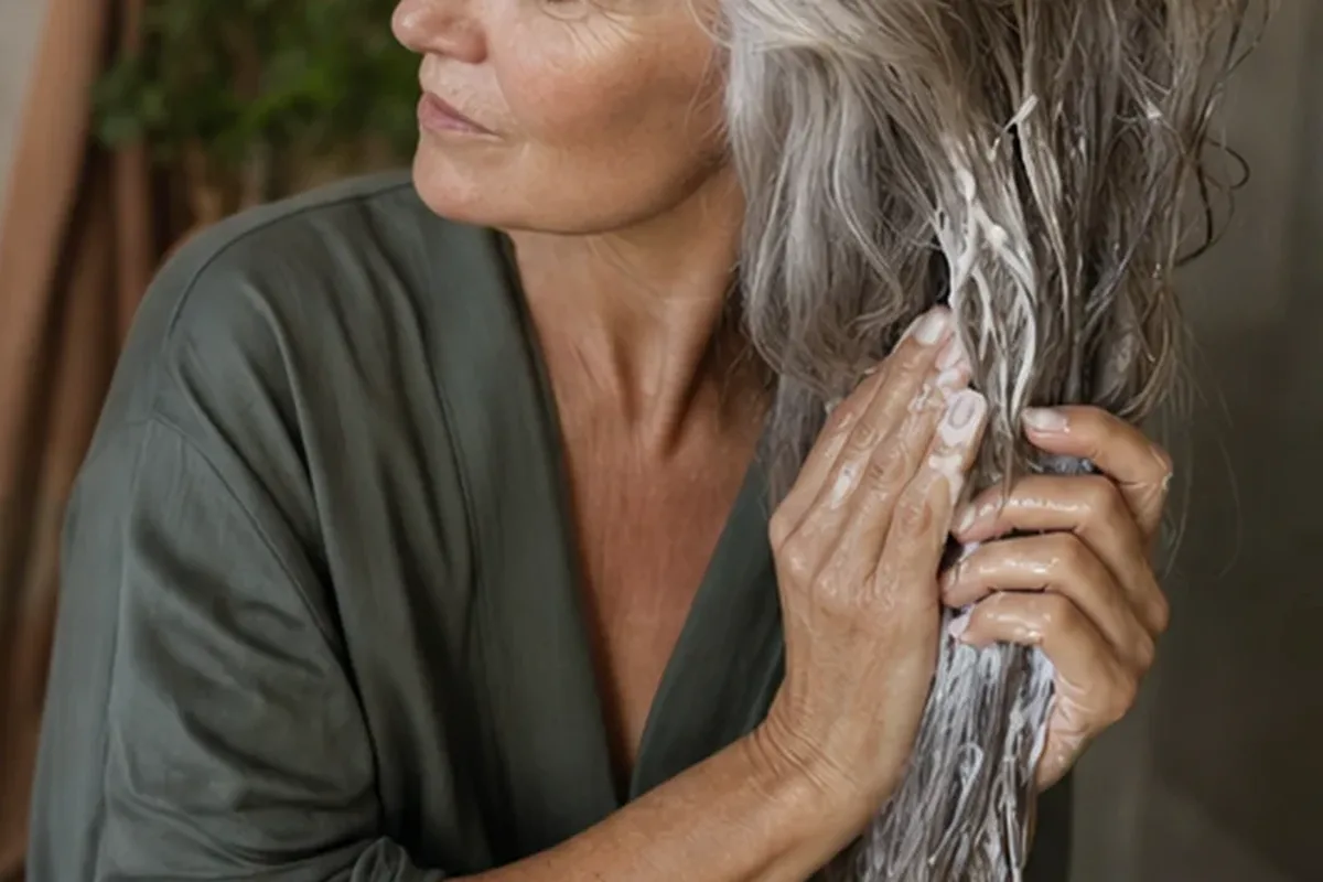 Authentischer Wohlfühlmoment passend zum Beauty-Thema Tiefenreinigungsshampoo für feines Haar