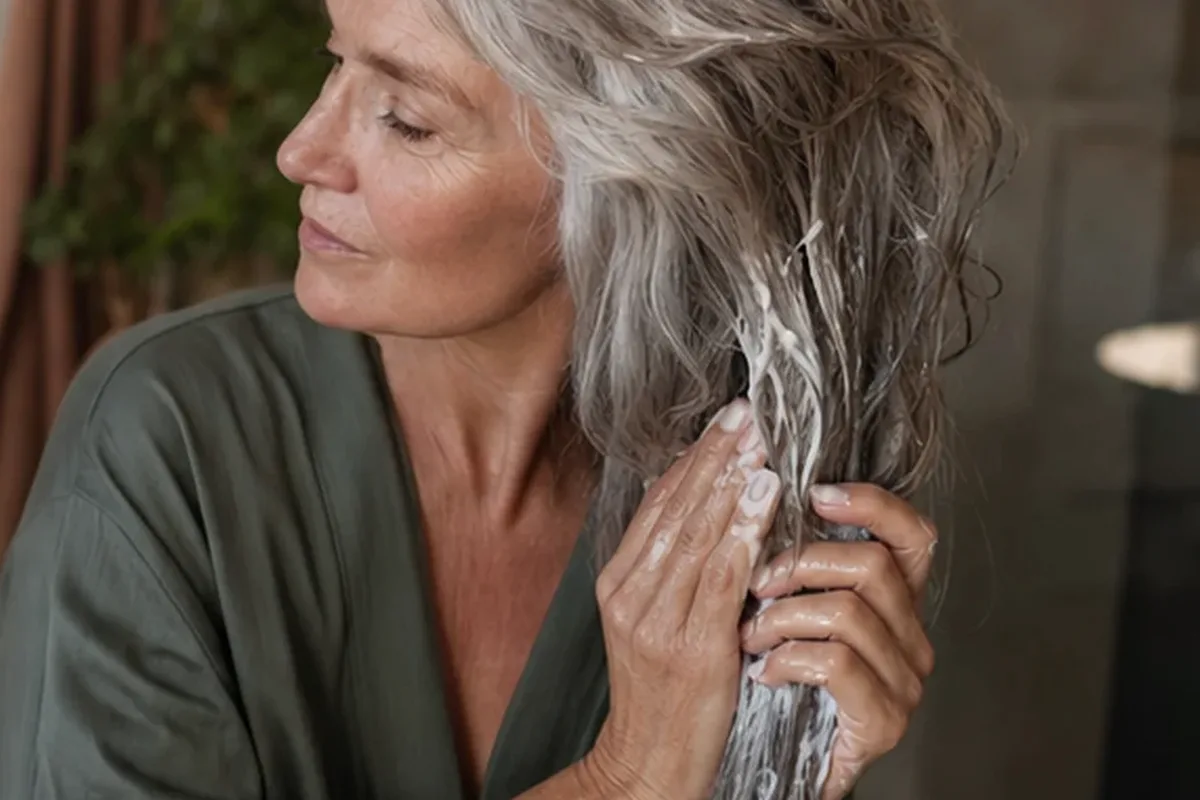 Emotionaler und authentischer Anwendungsmoment rund um Silbershampoo für empfindliche Kopfhaut