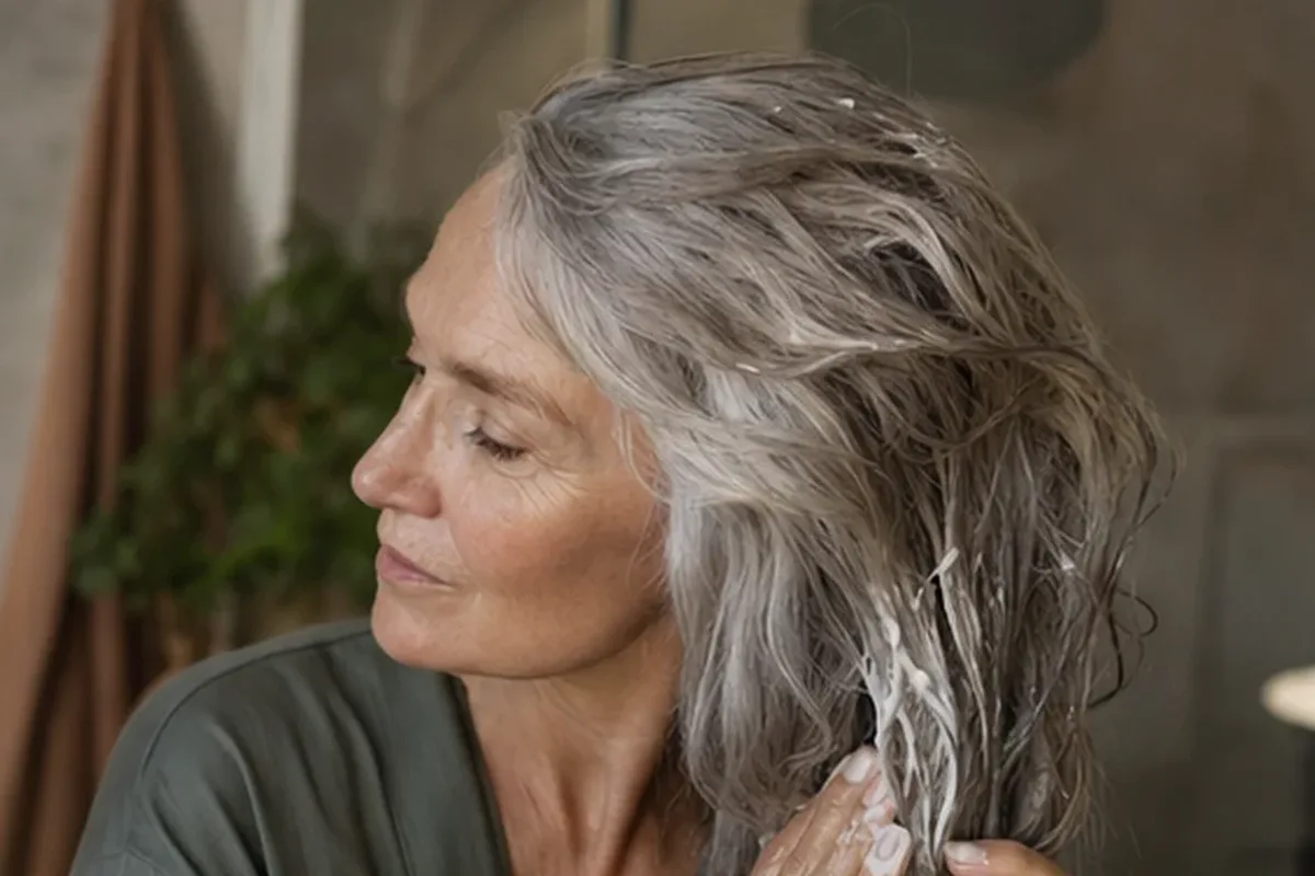 Authentischer Wohlfühlmoment passend zum Beauty-Thema Silbershampoo für feines Haar