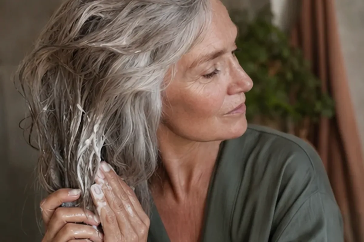 Authentischer Wohlfühlmoment passend zum Beauty-Thema Silbershampoo bei Frizz