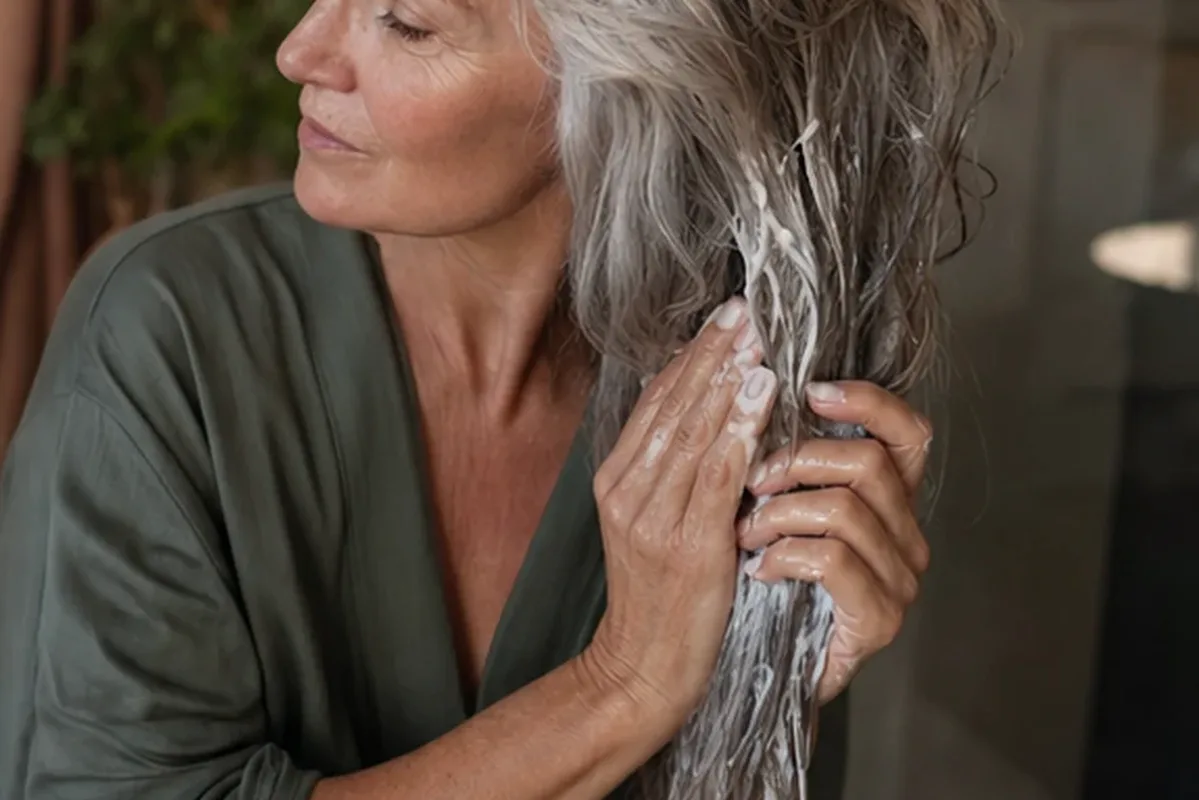 Authentischer Wohlfühlmoment passend zum Beauty-Thema Silbershampoo für lockiges Haar