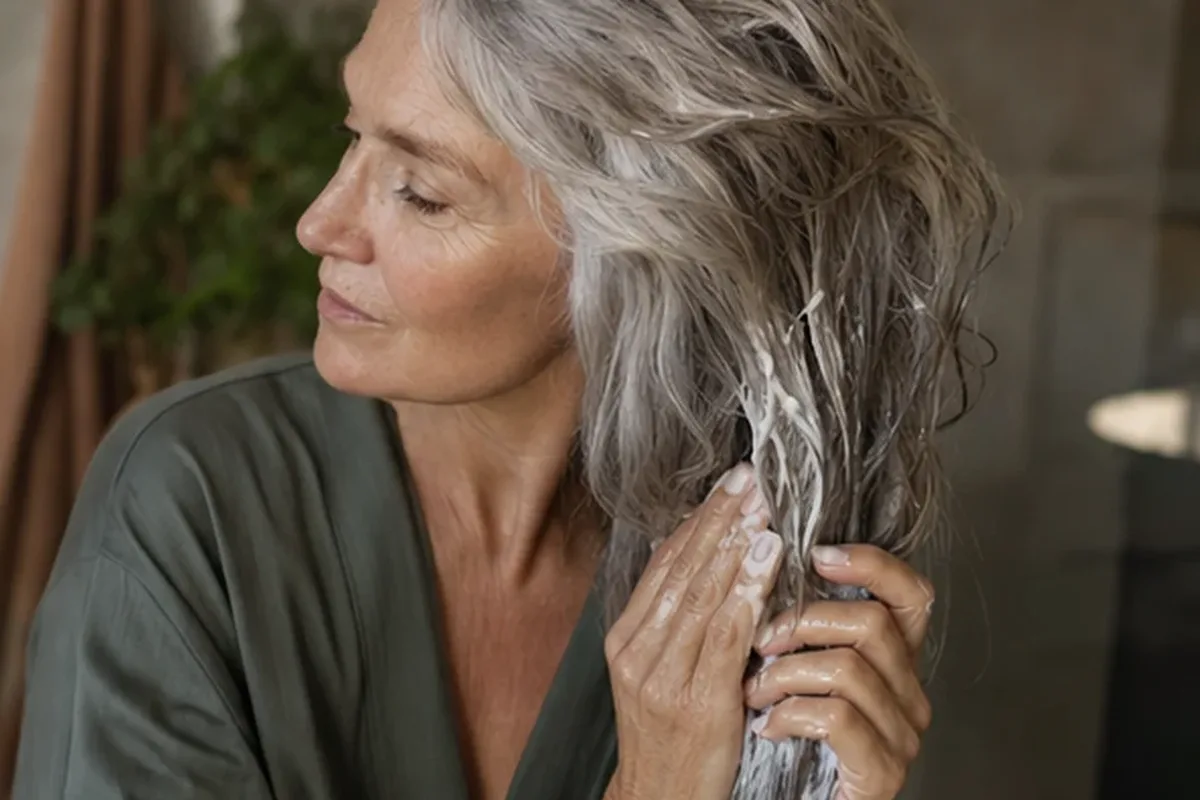 Authentischer Wohlfühlmoment passend zum Beauty-Thema Mildes Shampoo bei fettigem Ansatz