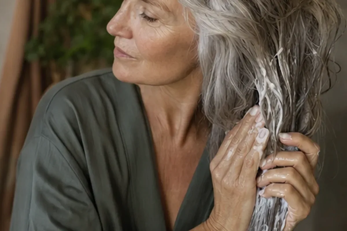 Authentischer Wohlfühlmoment passend zum Beauty-Thema Tiefenreinigungsshampoo bei Haarbruch