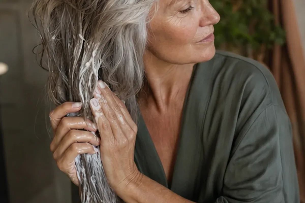 Authentischer Wohlfühlmoment passend zum Beauty-Thema Trockenshampoo für empfindliche Kopfhaut