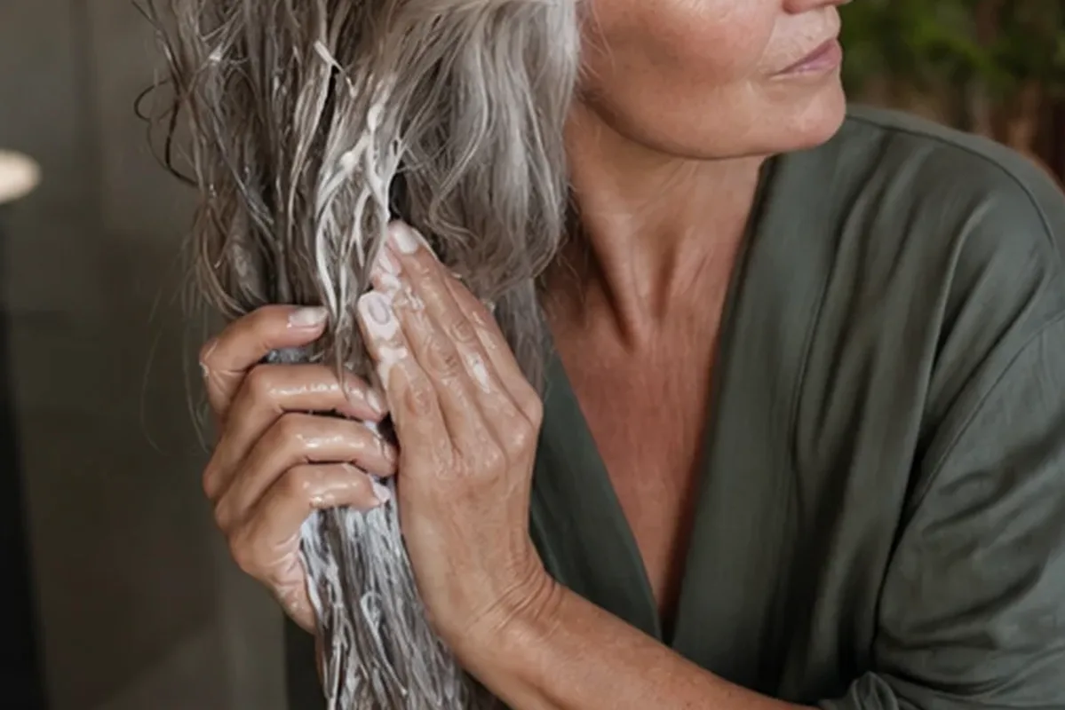 Authentischer Wohlfühlmoment passend zum Beauty-Thema Haarmaske bei Frizz