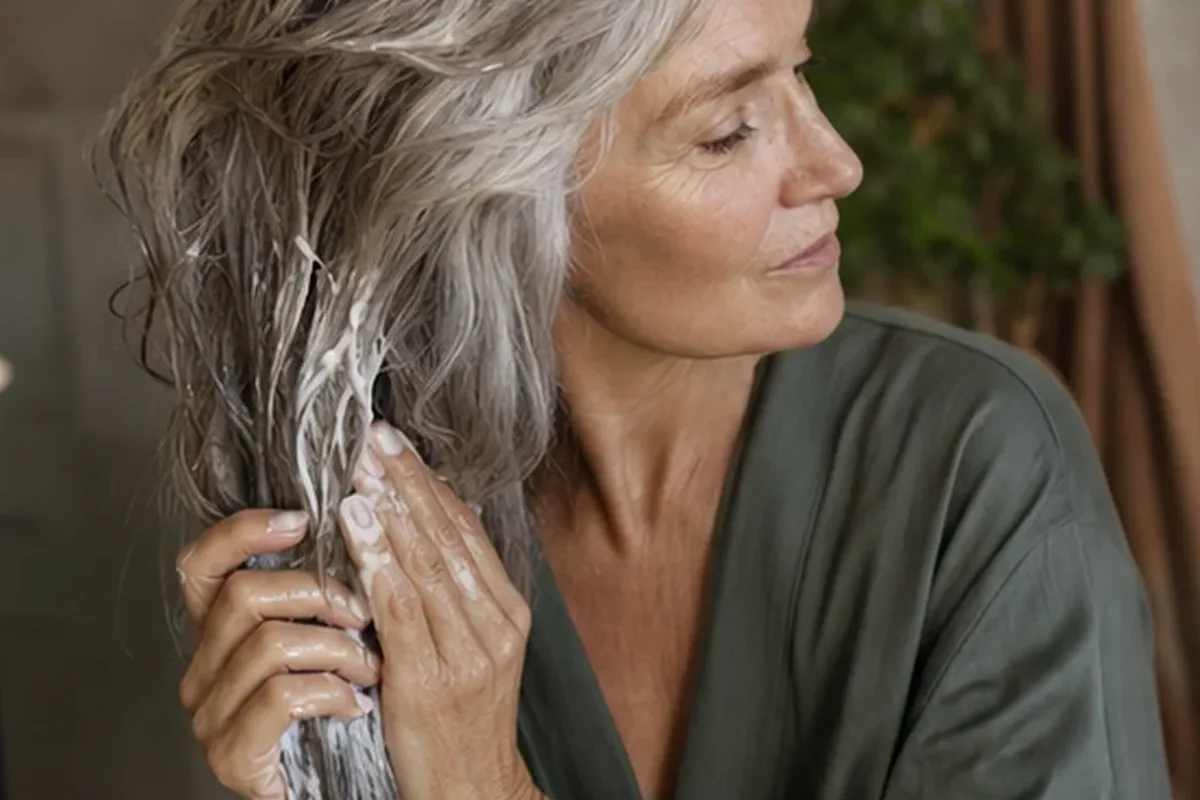 Authentischer Wohlfühlmoment passend zum Beauty-Thema Mildes Shampoo bei Haarbruch