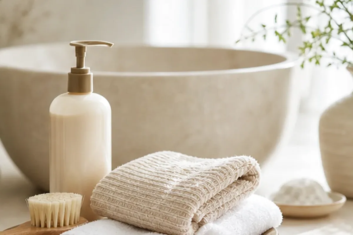 Hochwertige Beauty-Inszenierung zu Auswahlkriterien für Körperpeeling bei starkem Schwitzen