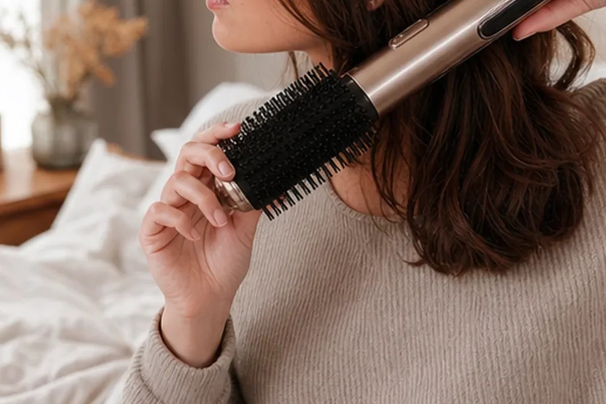Authentischer Wohlfühlmoment passend zum Beauty-Thema Warmluftbürste mit Premium-Anspruch