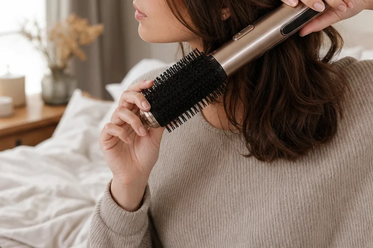 Authentischer Wohlfühlmoment passend zum Beauty-Thema Haartrockner bei fettigem Ansatz